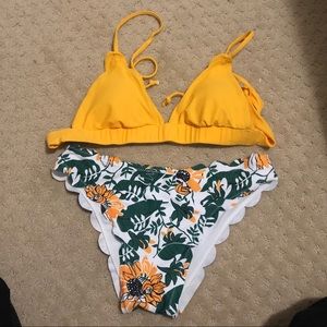 Cute Scalloped Boho Yellow Floral Bikini